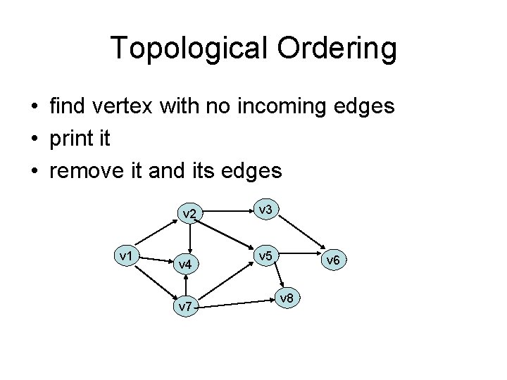 Topological Ordering • find vertex with no incoming edges • print it • remove