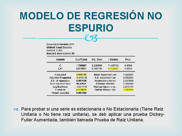 MODELO DE REGRESIÓN NO ESPURIO Para probar si una serie es estacionaria o No