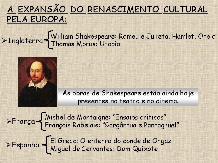 A EXPANSÃO DO RENASCIMENTO CULTURAL PELA EUROPA: ØInglaterra William Shakespeare: Romeu e Julieta, Hamlet,