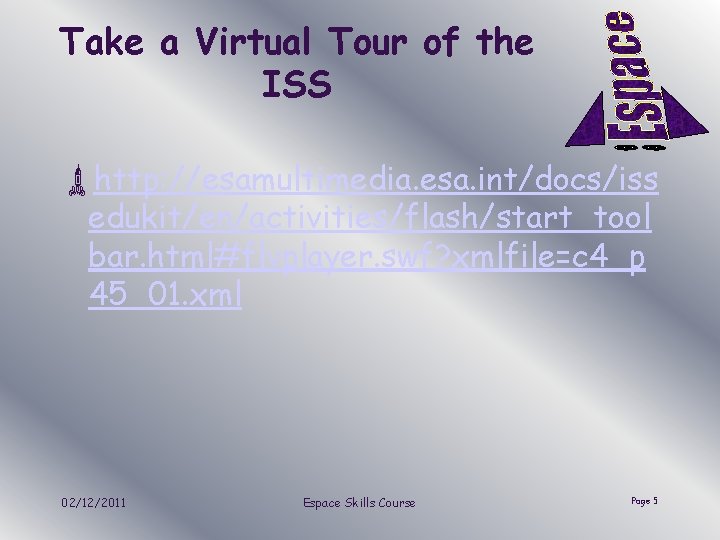 Take a Virtual Tour of the ISS ùhttp: //esamultimedia. esa. int/docs/iss edukit/en/activities/flash/start_tool bar. html#flvplayer.