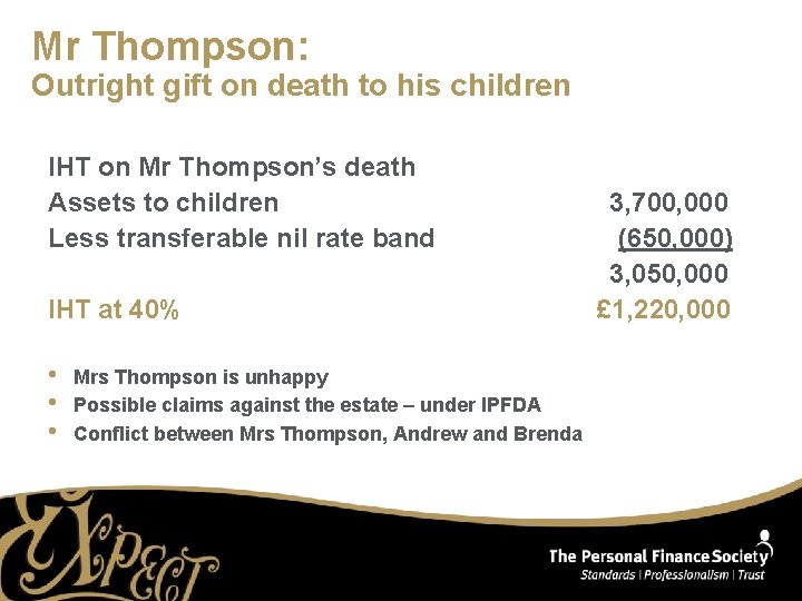 Mr Thompson: Outright gift on death to his children IHT on Mr Thompson’s death