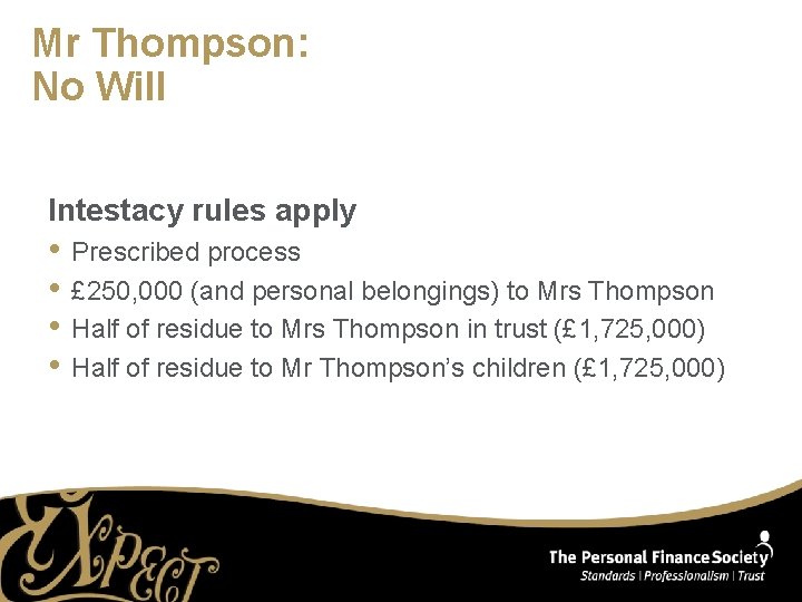 Mr Thompson: No Will Intestacy rules apply • Prescribed process • £ 250, 000