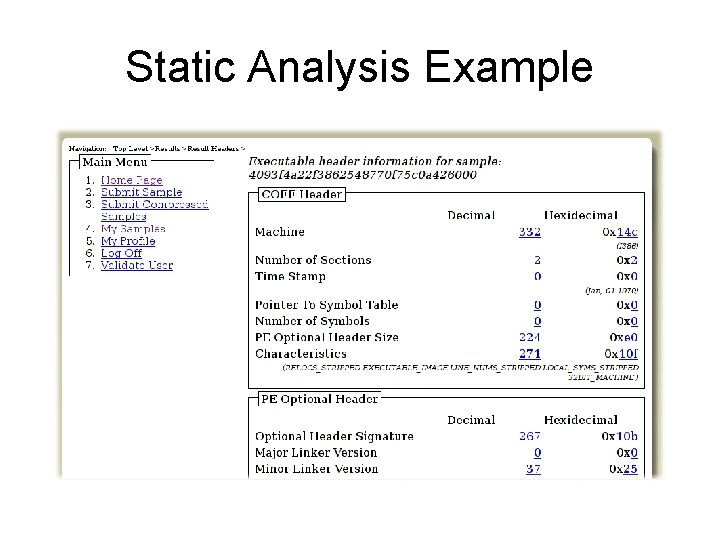 Static Analysis Example Static Analysis Example