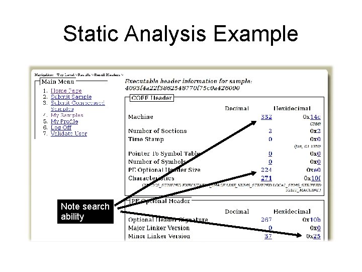 Static Analysis Example Note search ability Static Analysis Example Note search ability