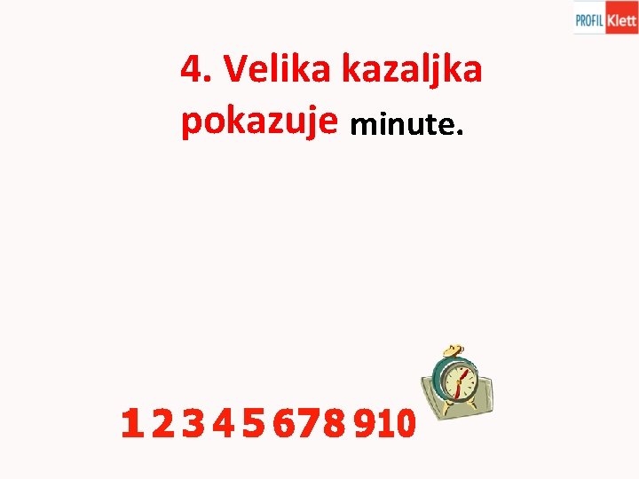 4. Velika kazaljka pokazuje minute. 