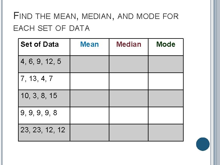 FIND THE MEAN, MEDIAN, AND MODE FOR EACH SET OF DATA Set of Data FIND THE MEAN, MEDIAN, AND MODE FOR EACH SET OF DATA Set of Data