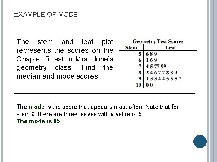 EXAMPLE OF MODE The stem and leaf plot represents the scores on the Chapter EXAMPLE OF MODE The stem and leaf plot represents the scores on the Chapter