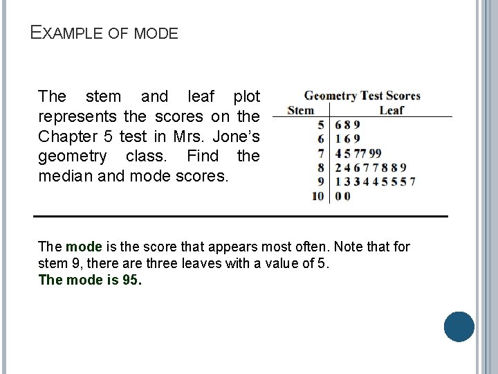 EXAMPLE OF MODE The stem and leaf plot represents the scores on the Chapter