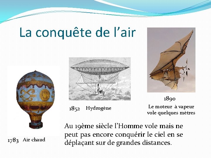 La conquête de l’air 1890 1852 1783 Air chaud Hydrogène Le moteur à vapeur