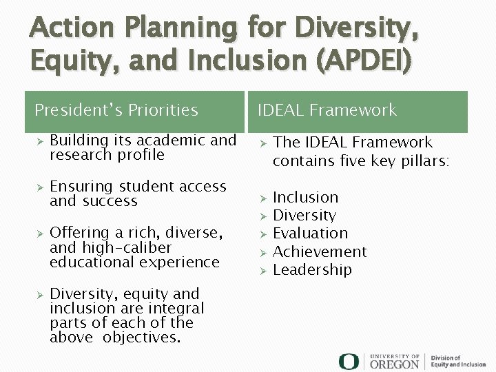 Action Planning for Diversity, Equity, and Inclusion (APDEI) President’s Priorities Ø Ø IDEAL Framework