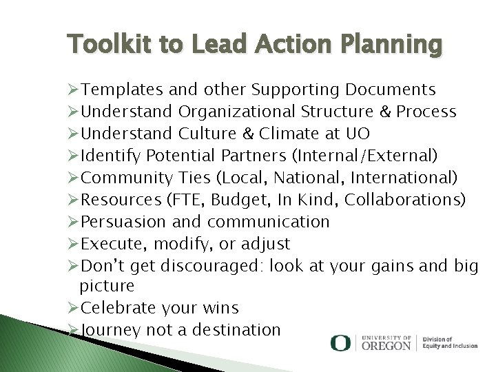 Toolkit to Lead Action Planning ØTemplates and other Supporting Documents ØUnderstand Organizational Structure &