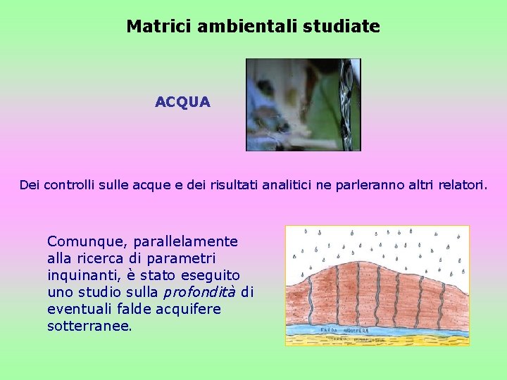 Matrici ambientali studiate ACQUA Dei controlli sulle acque e dei risultati analitici ne parleranno