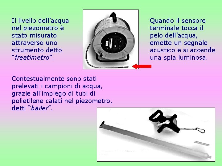 Il livello dell’acqua nel piezometro è stato misurato attraverso uno strumento detto “freatimetro”. Contestualmente