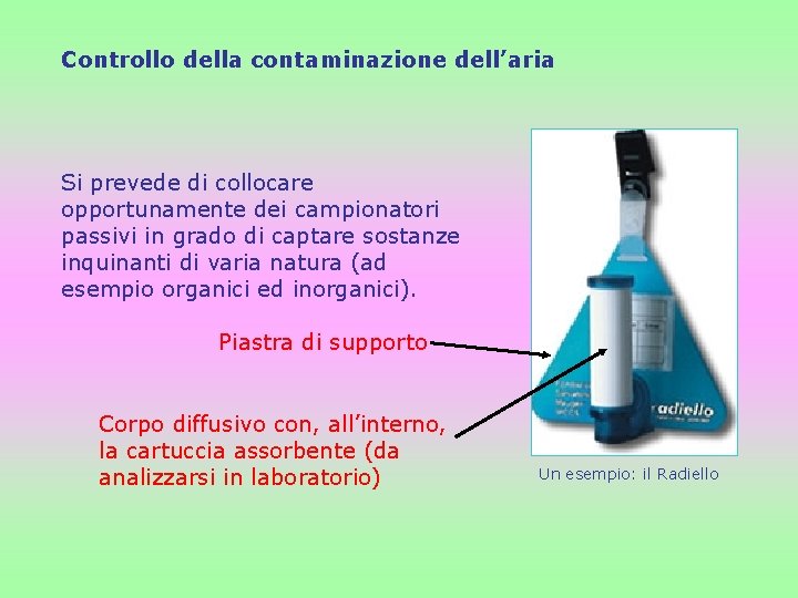 Controllo della contaminazione dell’aria Si prevede di collocare opportunamente dei campionatori passivi in grado