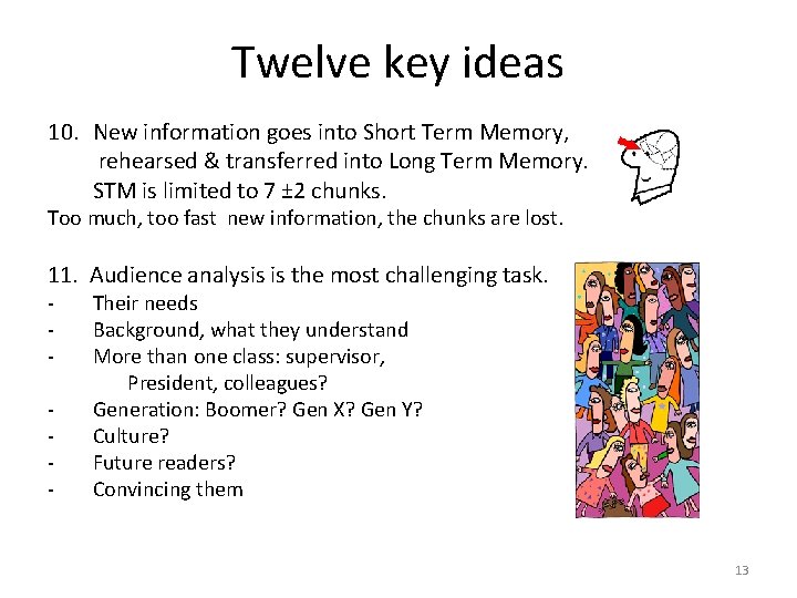 Twelve key ideas 10. New information goes into Short Term Memory, rehearsed & transferred