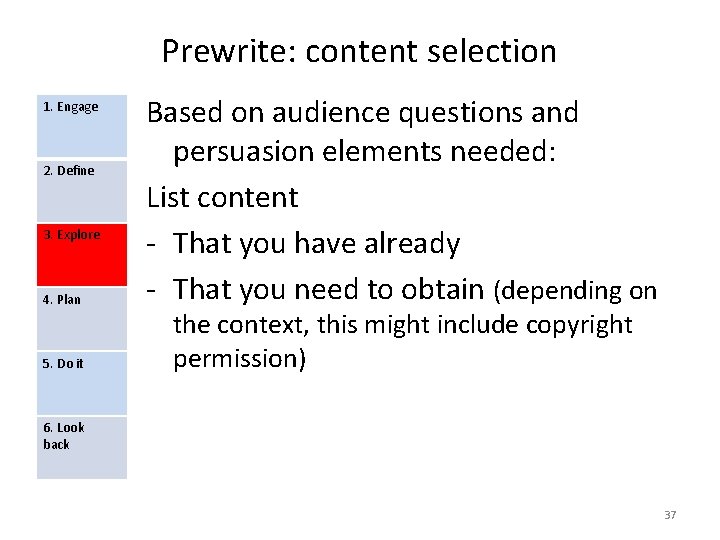 Prewrite: content selection 1. Engage 2. Define 3. Explore 4. Plan 5. Do it