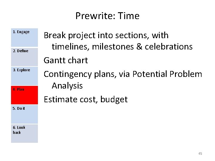 Prewrite: Time 1. Engage 2. Define 3. Explore 4. Plan Break project into sections,