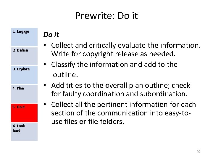 Prewrite: Do it 1. Engage 2. Define 3. Explore 4. Plan 5. Do it