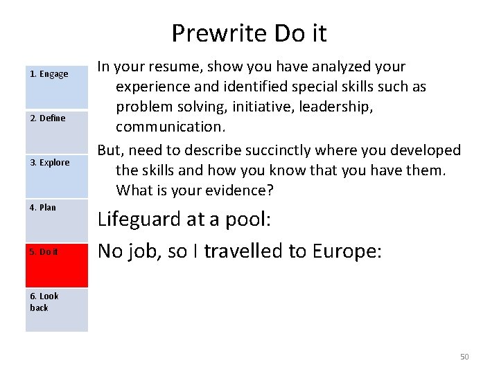 Prewrite Do it 1. Engage 2. Define 3. Explore 4. Plan 5. Do it