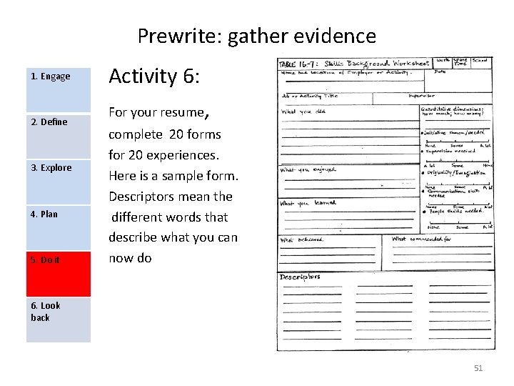 Prewrite: gather evidence 1. Engage 2. Define 3. Explore 4. Plan 5. Do it