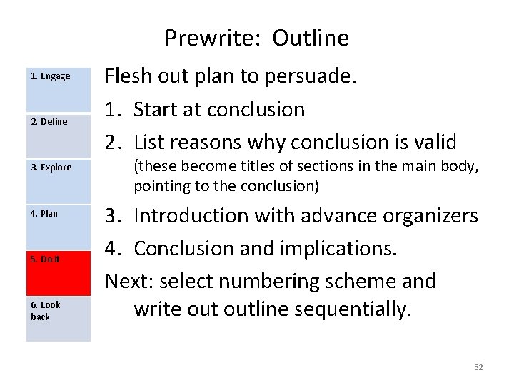 Prewrite: Outline 1. Engage 2. Define 3. Explore 4. Plan 5. Do it 6.