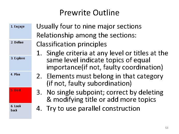 Prewrite Outline 1. Engage 2. Define 3. Explore 4. Plan 5. Do it 6.