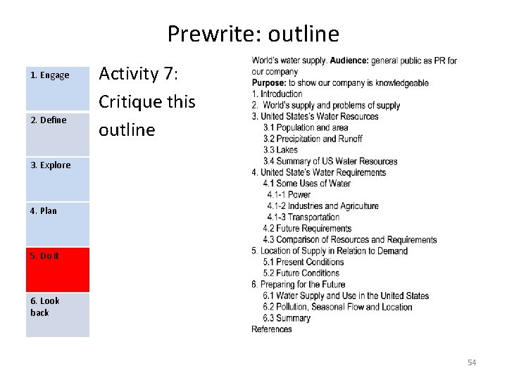 Prewrite: outline 1. Engage 2. Define Activity 7: Critique this outline 3. Explore 4.