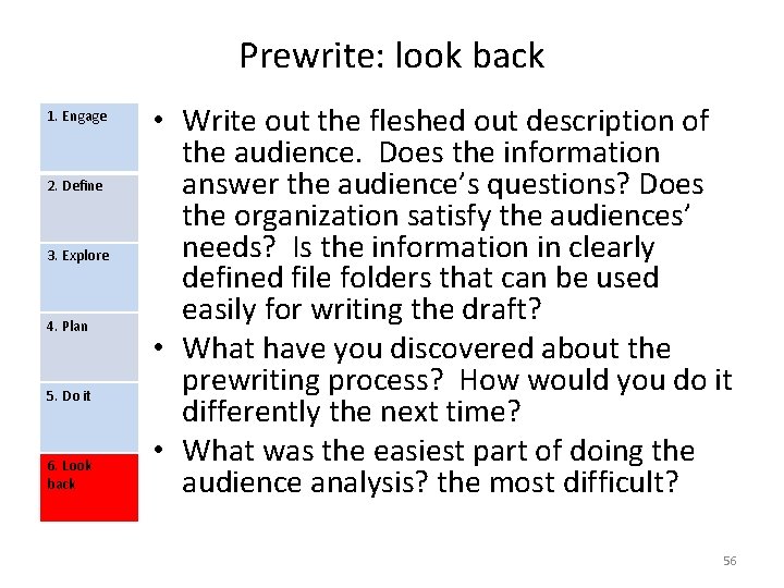 Prewrite: look back 1. Engage 2. Define 3. Explore 4. Plan 5. Do it