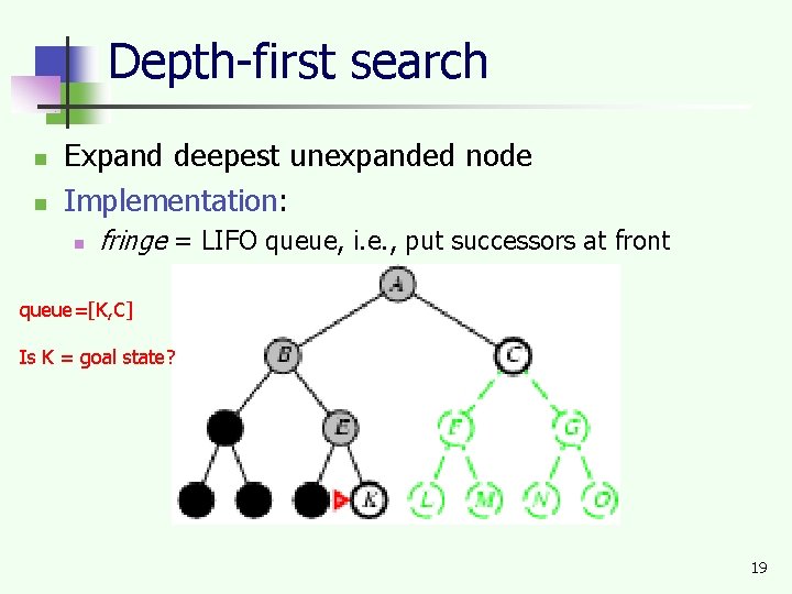 Depth-first search n n Expand deepest unexpanded node Implementation: n fringe = LIFO queue,