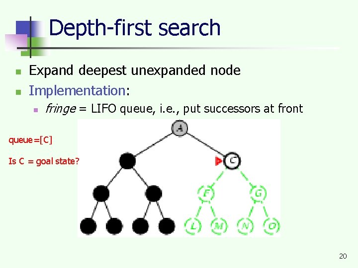 Depth-first search n n Expand deepest unexpanded node Implementation: n fringe = LIFO queue,