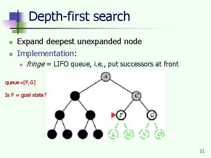 Depth-first search n n Expand deepest unexpanded node Implementation: n fringe = LIFO queue,