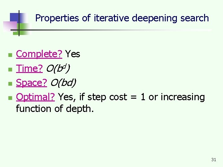 Properties of iterative deepening search n n Complete? Yes Time? O(bd) Space? O(bd) Optimal?