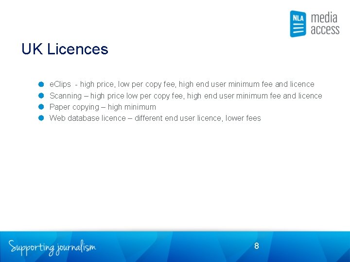 UK Licences e. Clips - high price, low per copy fee, high end user