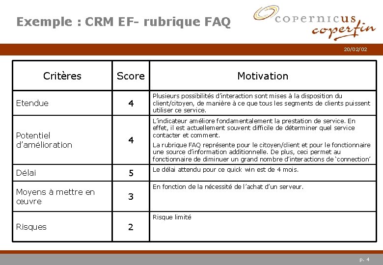Exemple : CRM EF- rubrique FAQ 20/02/02 Critères Etendue Score Motivation 4 Plusieurs possibilités
