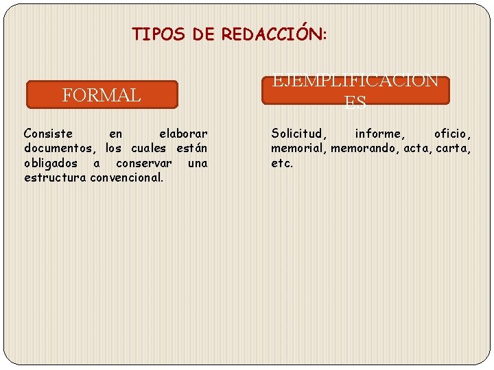 TIPOS DE REDACCIÓN: FORMAL Consiste en elaborar documentos, los cuales están obligados a conservar TIPOS DE REDACCIÓN: FORMAL Consiste en elaborar documentos, los cuales están obligados a conservar