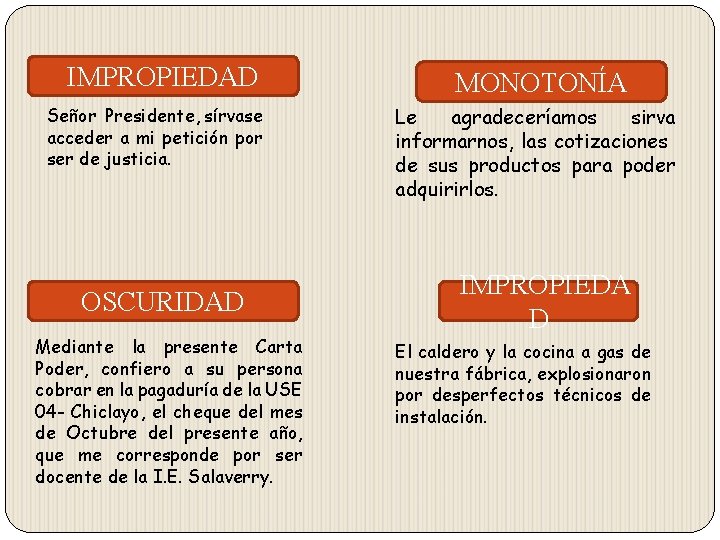 IMPROPIEDAD Señor Presidente, sírvase acceder a mi petición por ser de justicia. OSCURIDAD Mediante IMPROPIEDAD Señor Presidente, sírvase acceder a mi petición por ser de justicia. OSCURIDAD Mediante