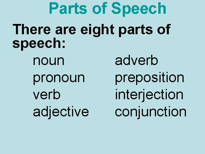 Parts of Speech There are eight parts of speech: noun adverb pronoun preposition verb