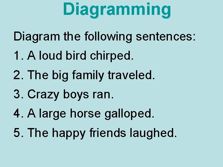 Diagramming Diagram the following sentences: 1. A loud bird chirped. 2. The big family