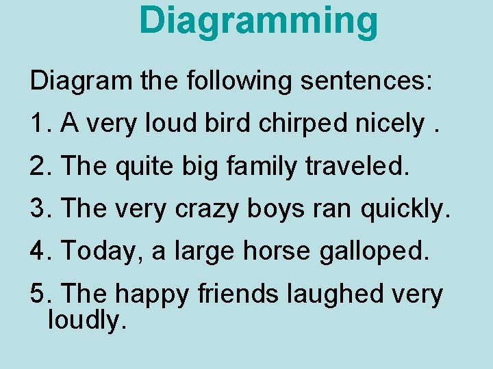 Diagramming Diagram the following sentences: 1. A very loud bird chirped nicely. 2. The