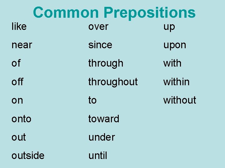 Common Prepositions over up near since upon of through with off throughout within on