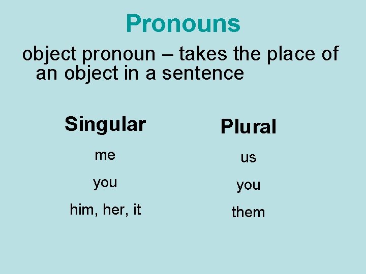 Pronouns object pronoun – takes the place of an object in a sentence Singular