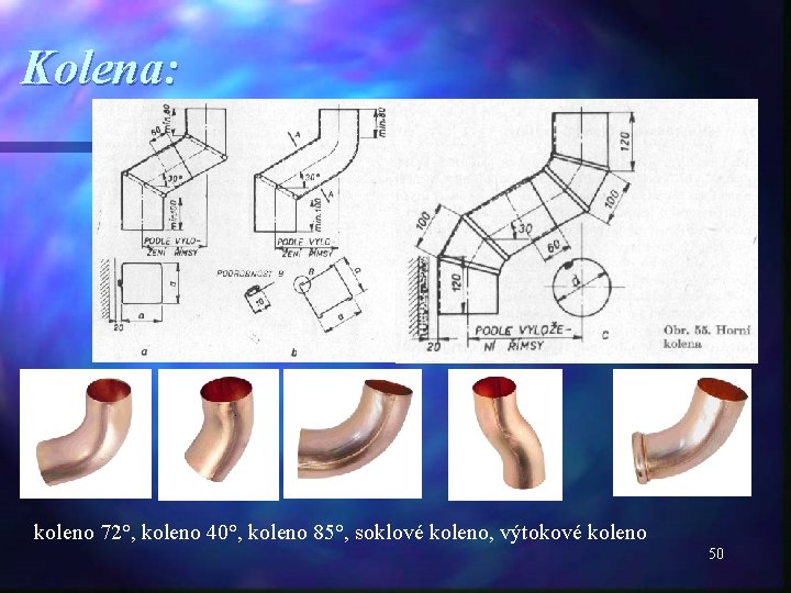 Kolena: koleno 72°, koleno 40°, koleno 85°, soklové koleno, výtokové koleno 50 