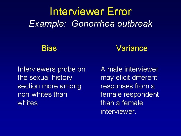 Interviewer Error Example: Gonorrhea outbreak Bias Interviewers probe on the sexual history section more