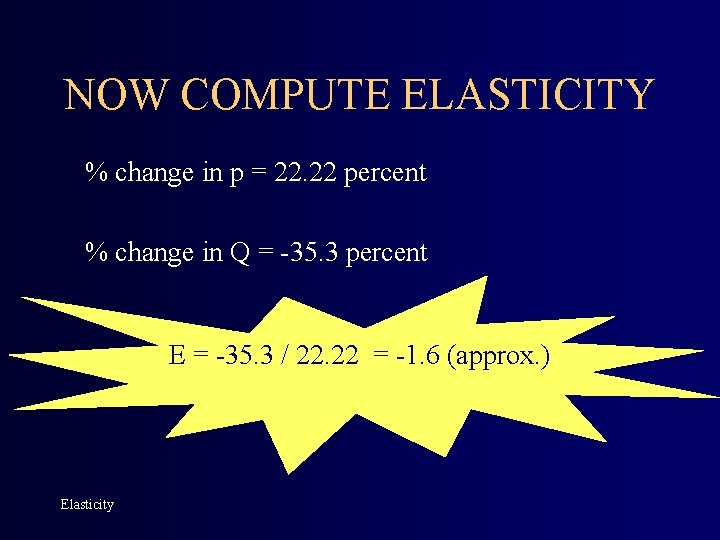NOW COMPUTE ELASTICITY % change in p = 22. 22 percent % change in