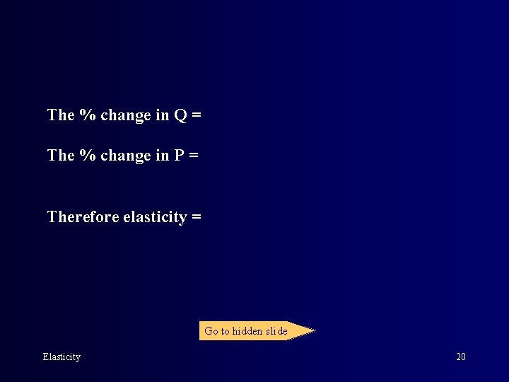 The % change in Q = The % change in P = Therefore elasticity