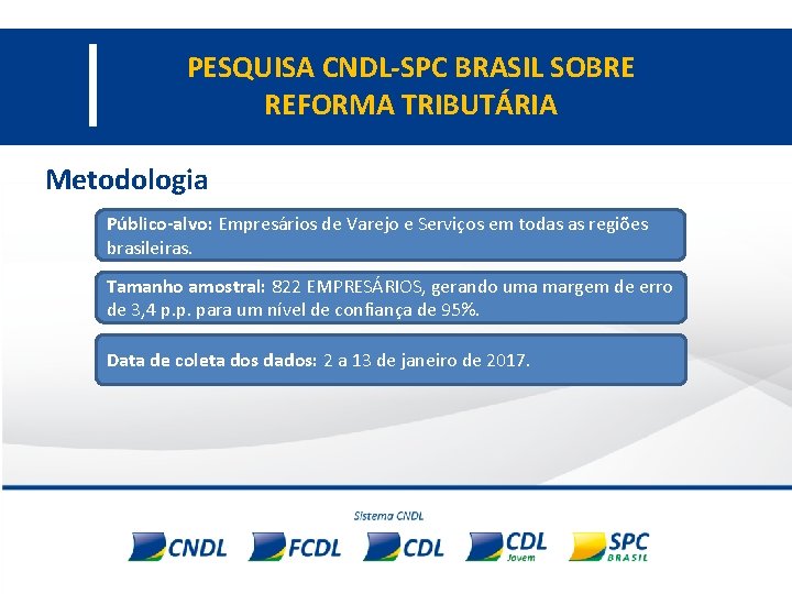 PESQUISA CNDL-SPC BRASIL SOBRE REFORMA TRIBUTÁRIA Metodologia Público-alvo: Empresários de Varejo e Serviços em