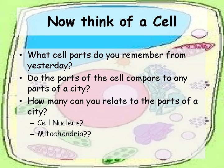 Now think of a Cell • What cell parts do you remember from yesterday?