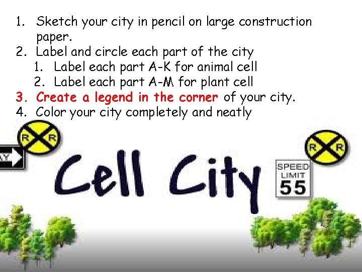 1. Sketch your city in pencil on large construction paper. 2. Label and circle