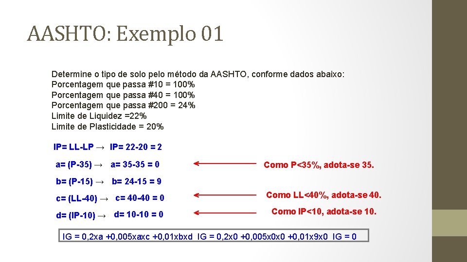 AASHTO: Exemplo 01 Determine o tipo de solo pelo método da AASHTO, conforme dados