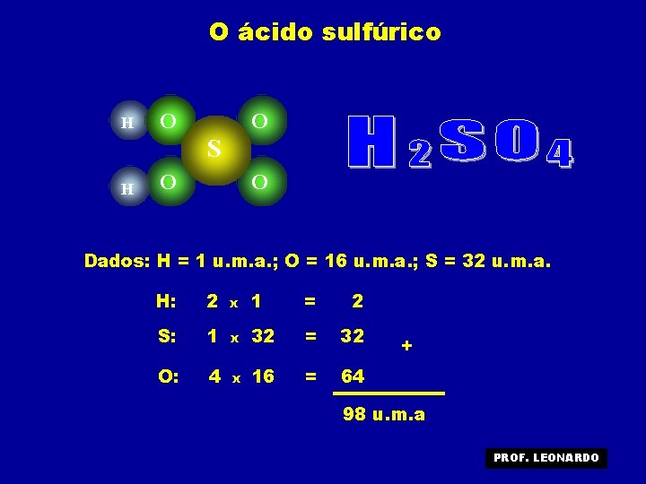 O ácido sulfúrico H O O S H O O Dados: H = 1